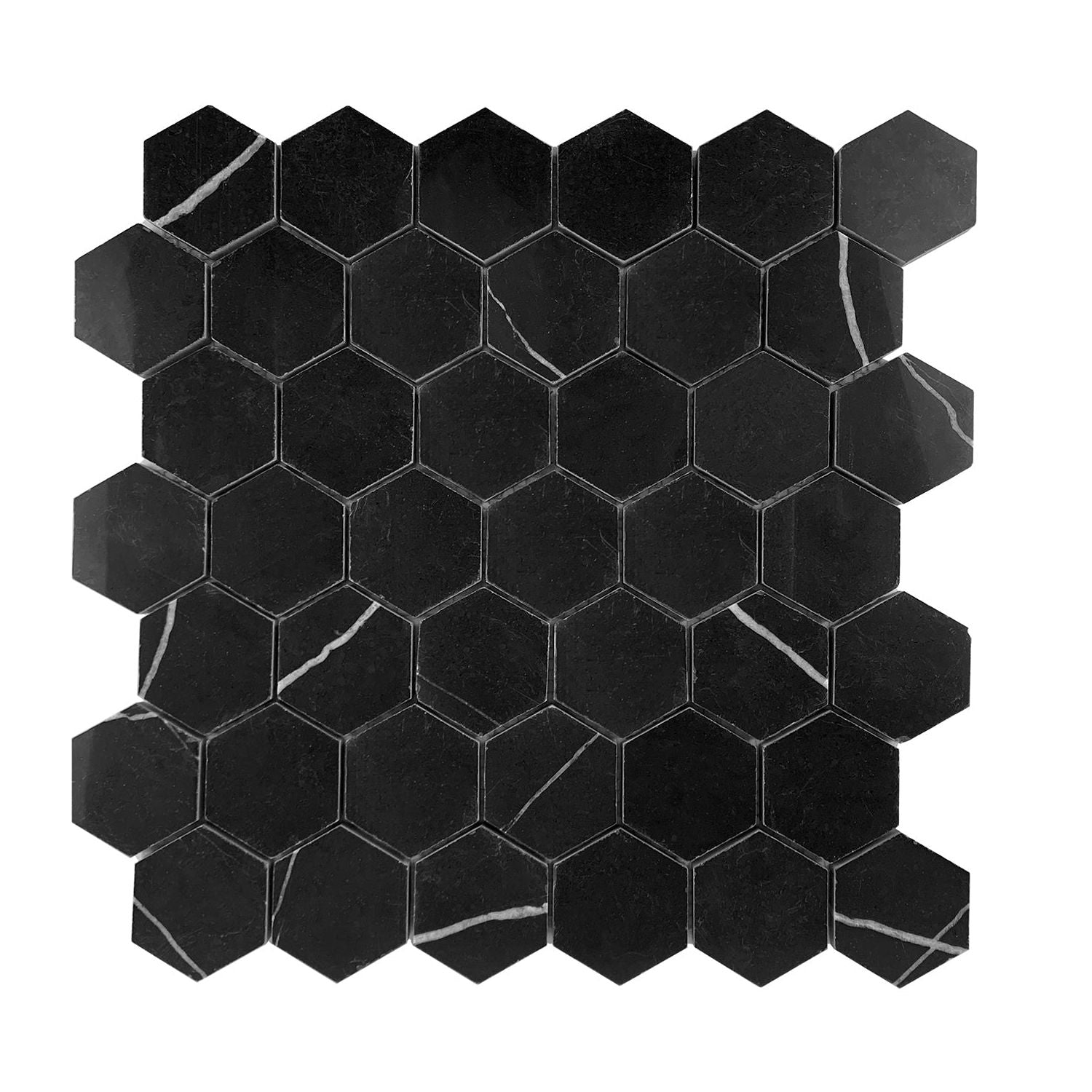 Black Marquina Marble Polished 2" Hexagon Mosaic Tile-Marble Mosaic-American Tile Depot