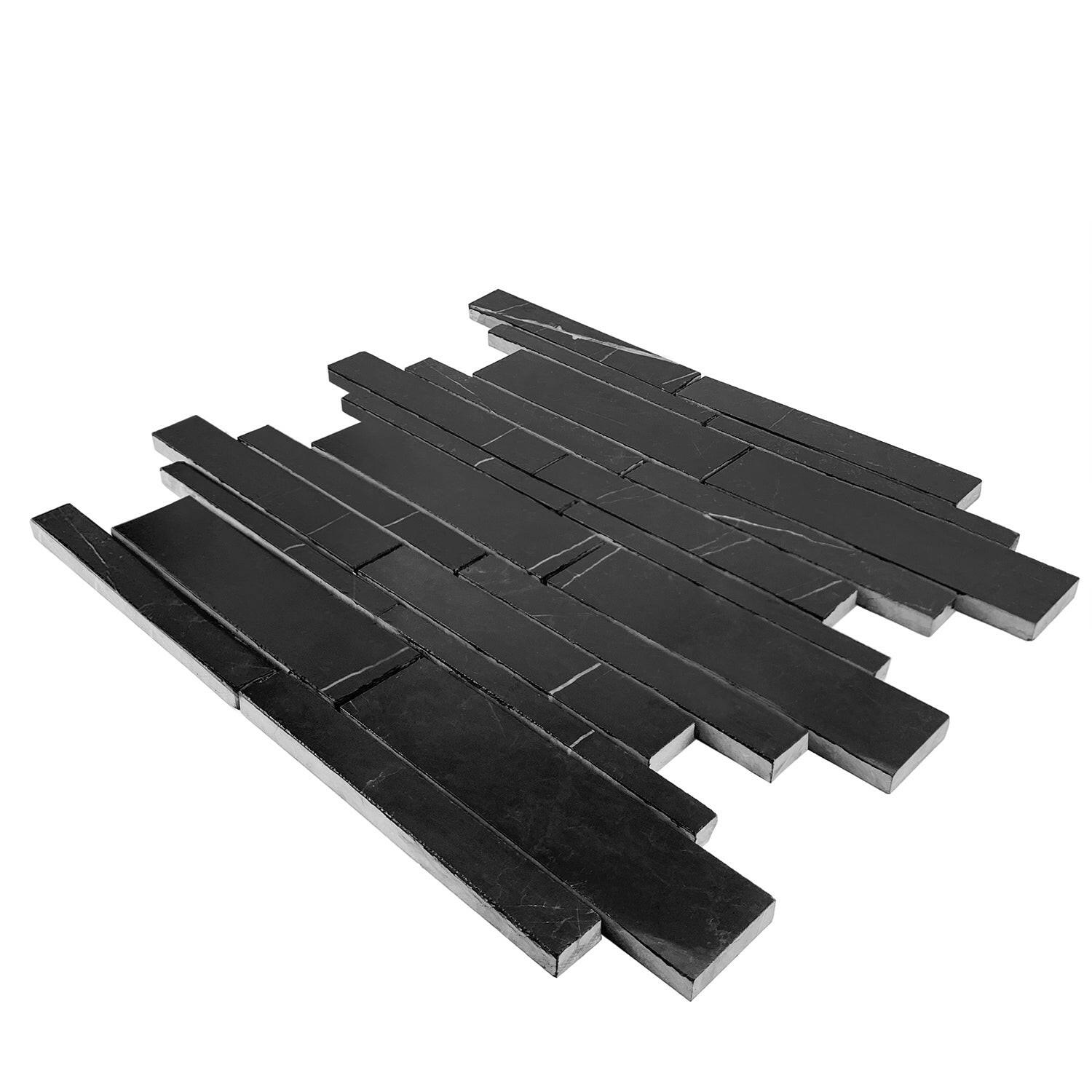 Black Marquina Marble Polished Random Strip Mosaic Tile-Marble Mosaic-American Tile Depot