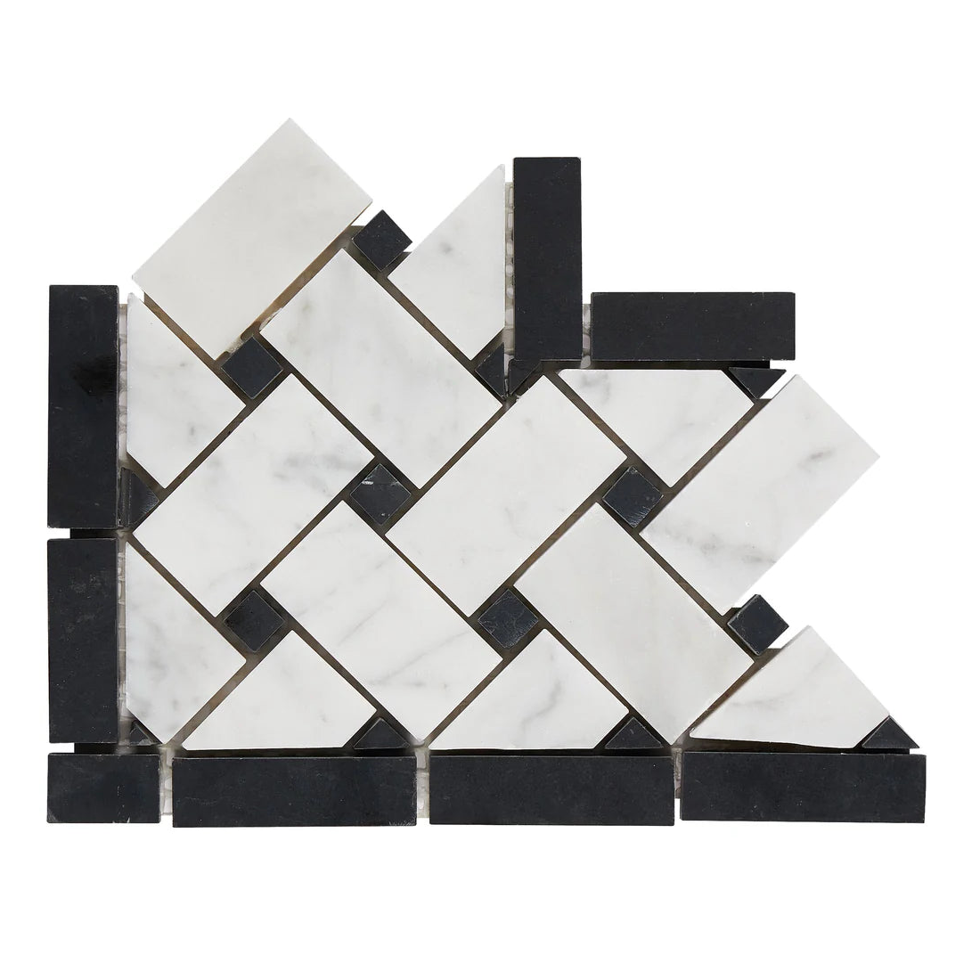 Carrara White Marble Honed Basketweave Border Corner w / Black Dots