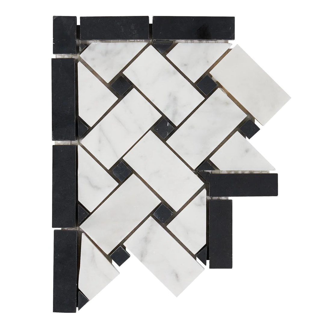 Carrara White Marble Honed Basketweave Border Corner w / Black Dots