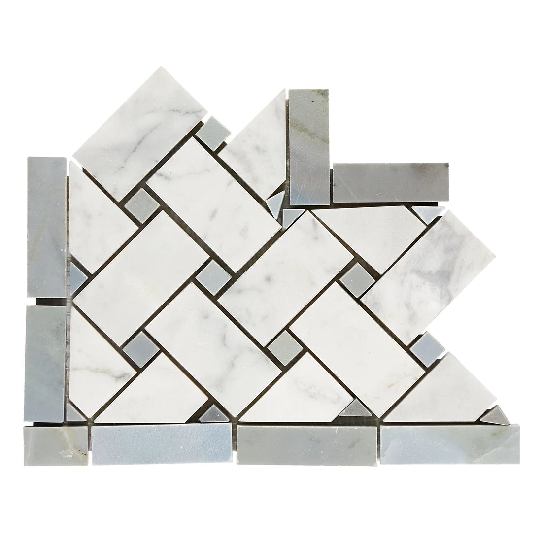 Carrara White Marble Polished Basketweave Border Corner w / Blue-Gray Dots