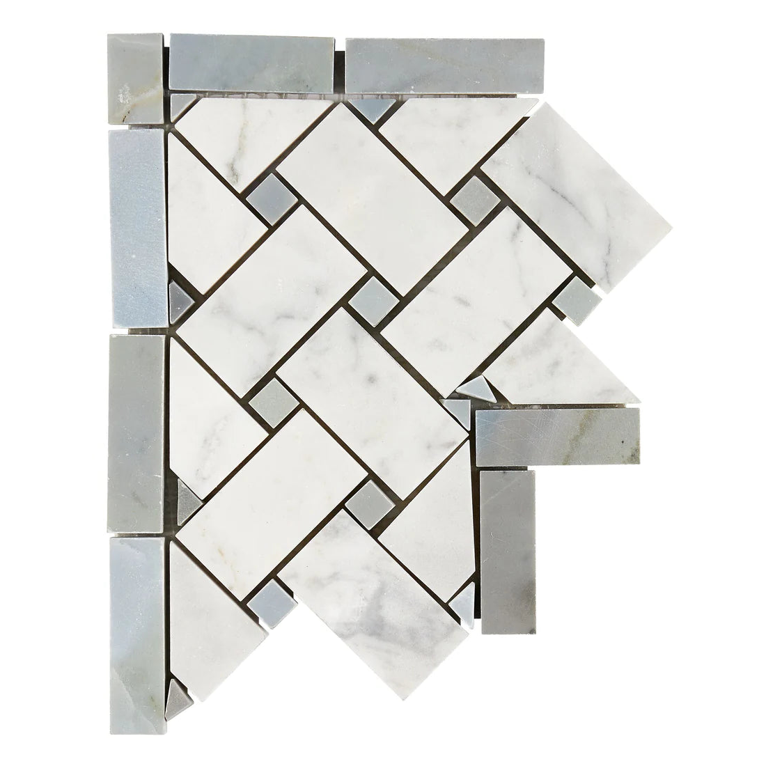 Carrara White Marble Polished Basketweave Border Corner w / Blue-Gray Dots