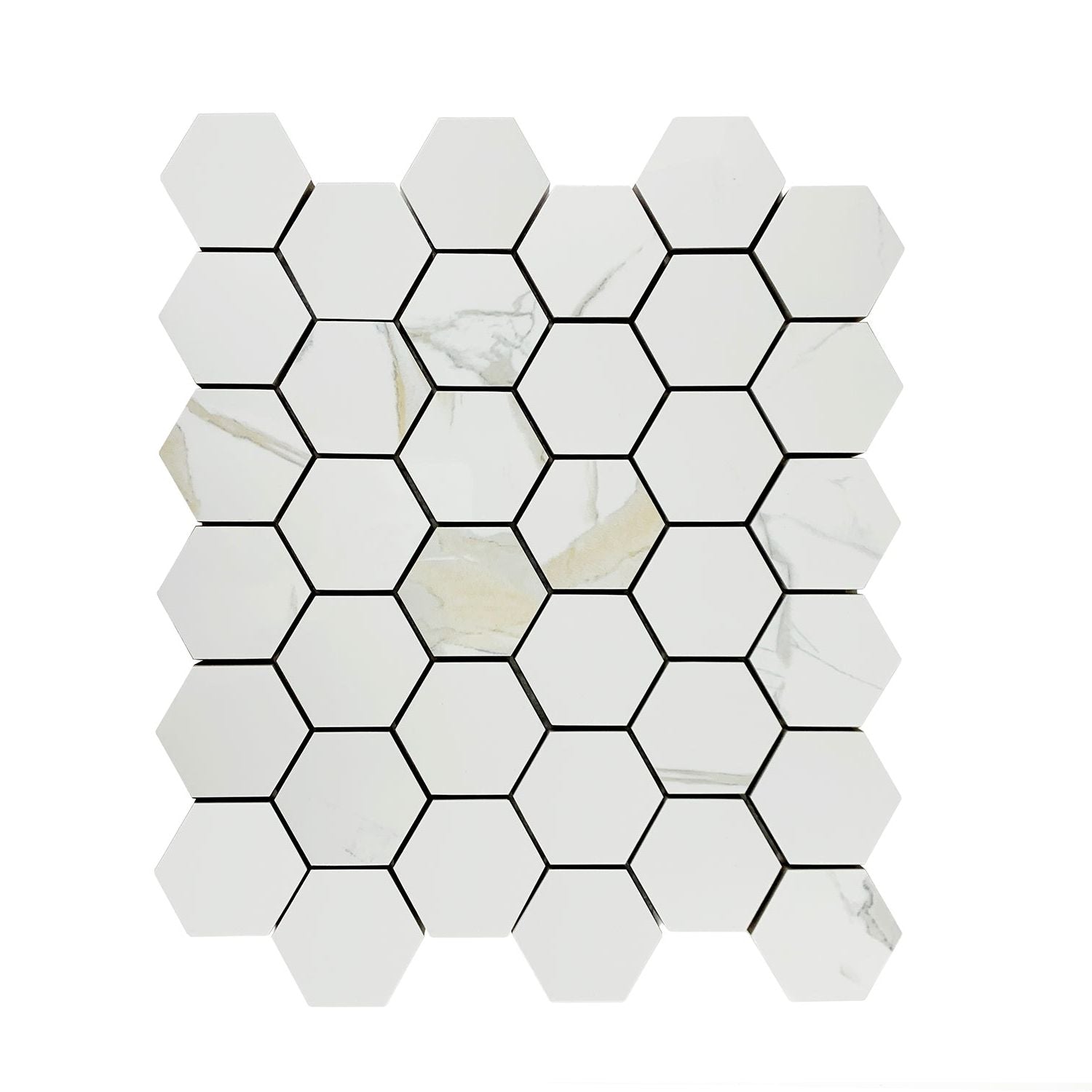 Calacatta Gold Glossy 2" Hexagon Marble Look Porcelain Mosaic Tile-Porcelain Mosaic-American Tile Depot