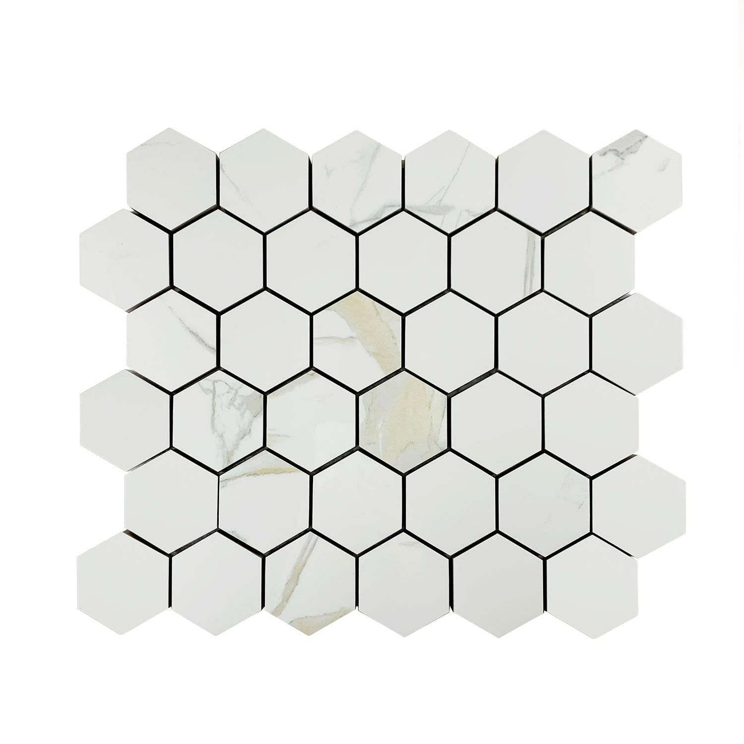 Calacatta Gold Glossy 2" Hexagon Marble Look Porcelain Mosaic Tile-Porcelain Mosaic-American Tile Depot