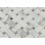 Calacatta Gold Marble Honed Basketweave Mosaic Tile w/ Blue-Gray Dots-Marble Mosaic-American Tile Depot