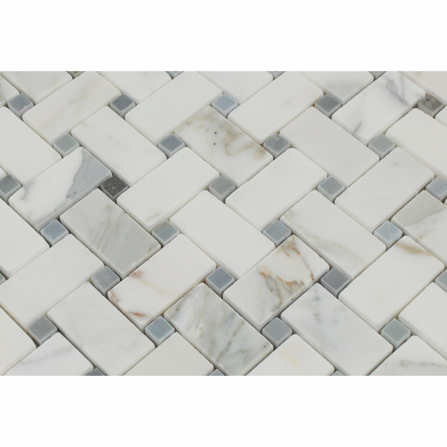 Calacatta Gold Marble Honed Basketweave Mosaic Tile w/ Blue-Gray Dots-Marble Mosaic-American Tile Depot