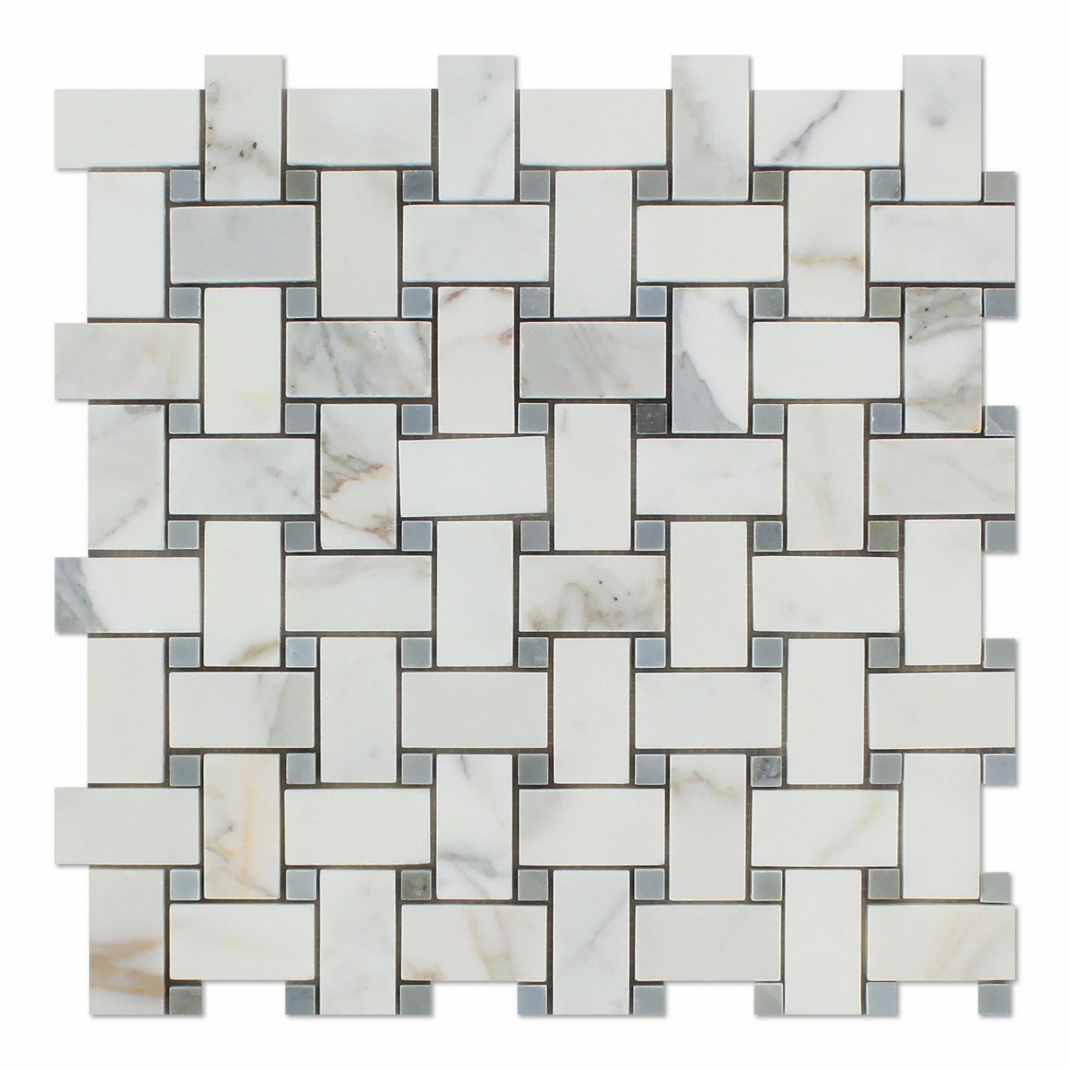 Calacatta Gold Marble Honed Basketweave Mosaic Tile w/ Blue-Gray Dots-Marble Mosaic-American Tile Depot