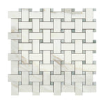 Calacatta Gold Marble Honed Basketweave Mosaic Tile w/ Ming-Green Dots-Marble Mosaic-American Tile Depot