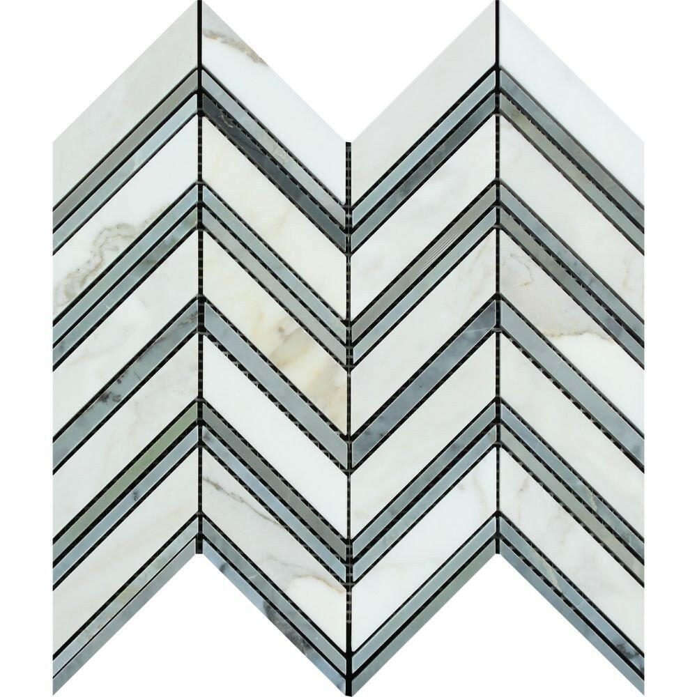 Calacatta Gold Marble Honed Large Chevron Mosaic Tile w / Blue - Gray Dots Marble Strips-Marble Mosaic-American Tile Depot