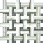 Calacatta Gold Marble Honed Triple Weave Mosaic Tile w / Blue Gray Dots-Marble Mosaic-American Tile Depot