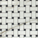 Calacatta Gold Marble Polished Basketweave Mosaic Tile w/ Black Dots-Marble Mosaic-American Tile Depot