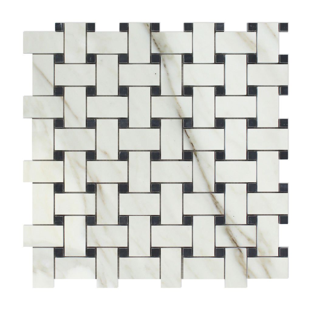 Calacatta Gold Marble Polished Basketweave Mosaic Tile w/ Black Dots-Marble Mosaic-American Tile Depot