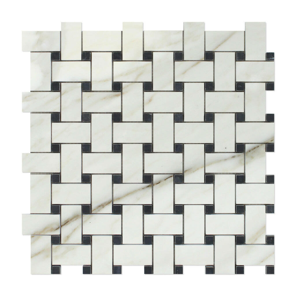 Calacatta Gold Marble Polished Basketweave Mosaic Tile w/ Black Dots-Marble Mosaic-American Tile Depot