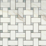 Calacatta Gold Marble Polished Basketweave Mosaic Tile w/ Ming-Green Dots-Marble Mosaic-American Tile Depot