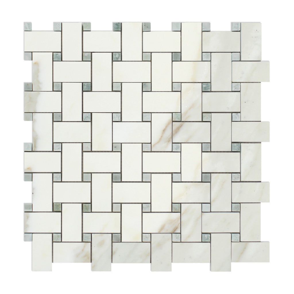 Calacatta Gold Marble Polished Basketweave Mosaic Tile w/ Ming-Green Dots-Marble Mosaic-American Tile Depot