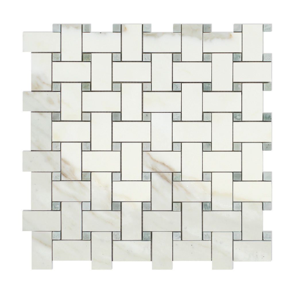 Calacatta Gold Marble Polished Basketweave Mosaic Tile w/ Ming-Green Dots-Marble Mosaic-American Tile Depot