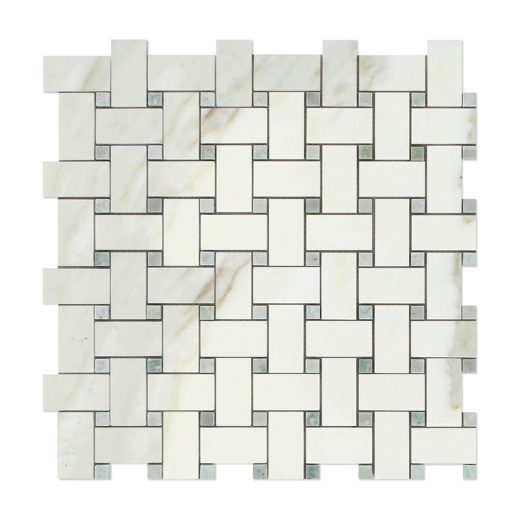 Calacatta Gold Marble Polished Basketweave Mosaic Tile w/ Ming-Green Dots-Marble Mosaic-American Tile Depot