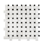 Sample of Calacatta Oliva Marble Honed Basketweave Mosaic Tile w/ Black Dots-Marble Mosaic-American Tile Depot