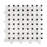 Sample of Calacatta Oliva Marble Polished Basketweave Mosaic Tile w/ Black Dots-Marble Mosaic-American Tile Depot