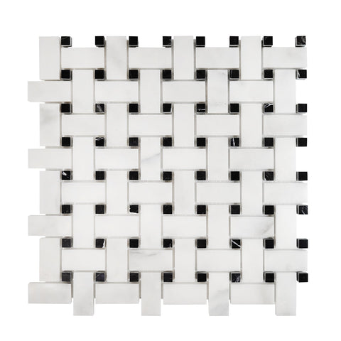 Calacatta Oliva Marble Polished Basketweave Mosaic Tile w/ Black Dots