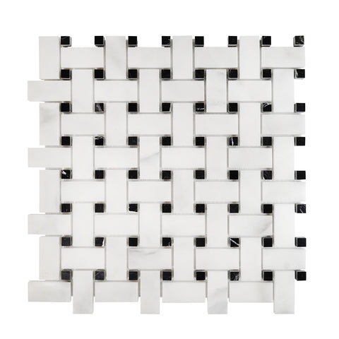 Calacatta Oliva Marble Honed Basketweave Mosaic Tile w/ Black Dots