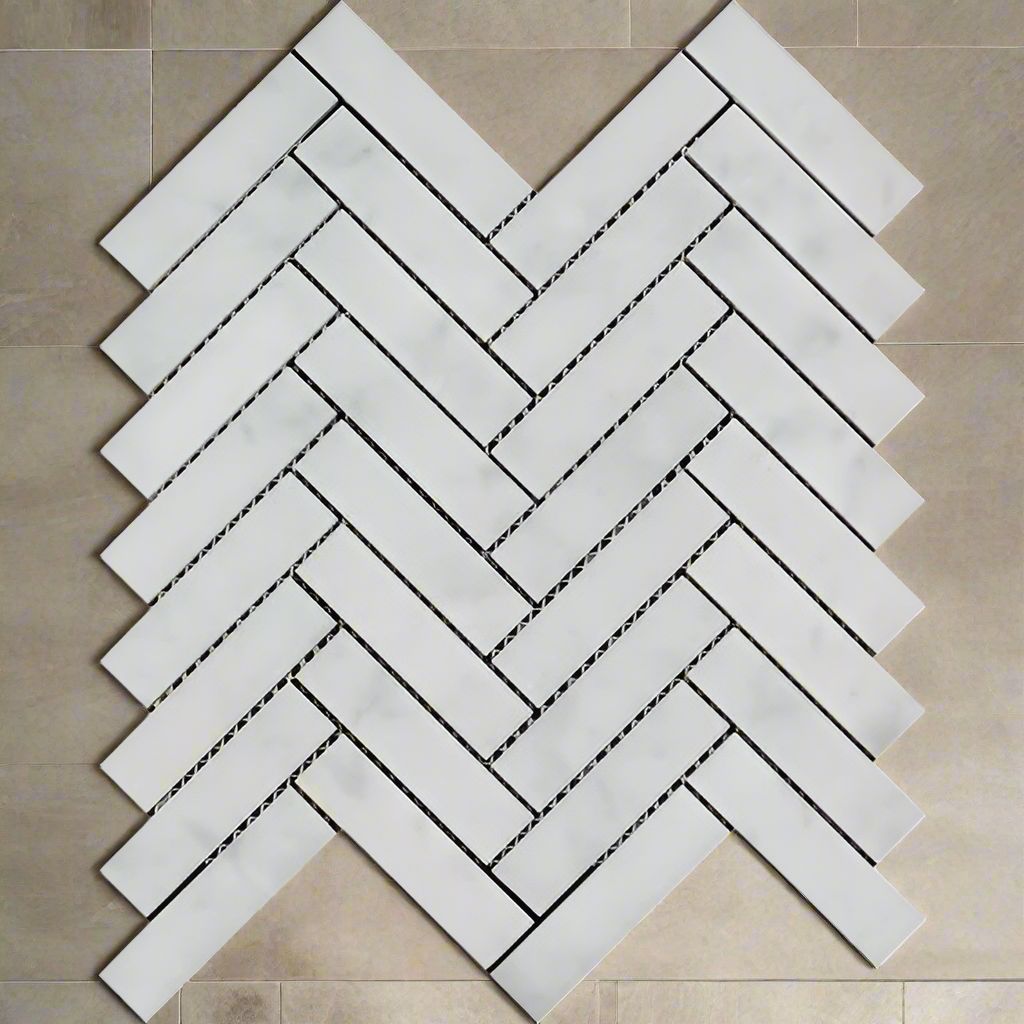 Carrara White Marble Honed 1 x 4 Herringbone Mosaic Tile-Marble Mosaic-American Tile Depot