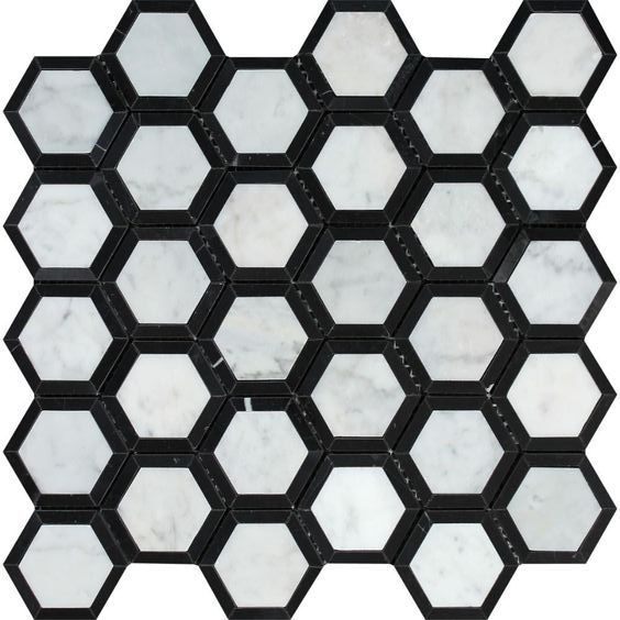 Carrara White Marble Honed 2" Vortex Hexagon Mosaic Tile w / Black-Marble Mosaic-American Tile Depot