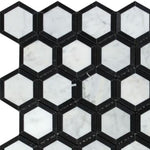 Carrara White Marble Honed 2" Vortex Hexagon Mosaic Tile w / Black-Marble Mosaic-American Tile Depot