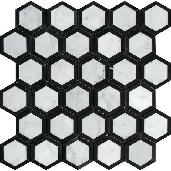 Carrara White Marble Honed 2" Vortex Hexagon Mosaic Tile w / Black-Marble Mosaic-American Tile Depot