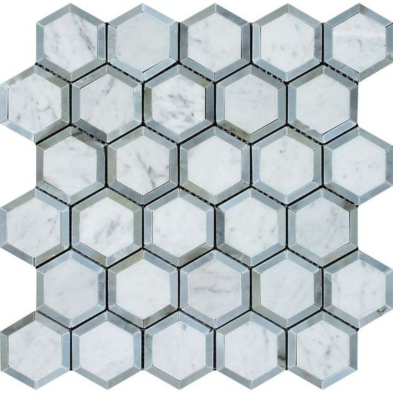 Carrara White Marble Honed 2" Vortex Hexagon Mosaic Tile w / Blue Gray-Marble Mosaic-American Tile Depot