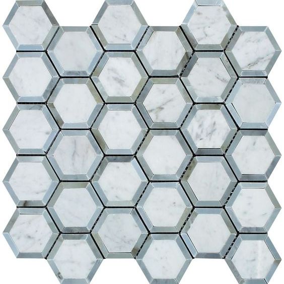 Carrara White Marble Honed 2" Vortex Hexagon Mosaic Tile w / Blue Gray-Marble Mosaic-American Tile Depot