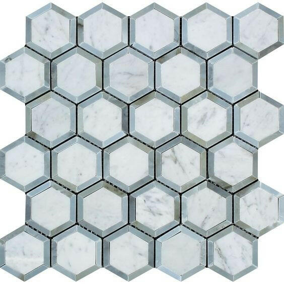 Carrara White Marble Honed 2" Vortex Hexagon Mosaic Tile w / Blue Gray-Marble Mosaic-American Tile Depot