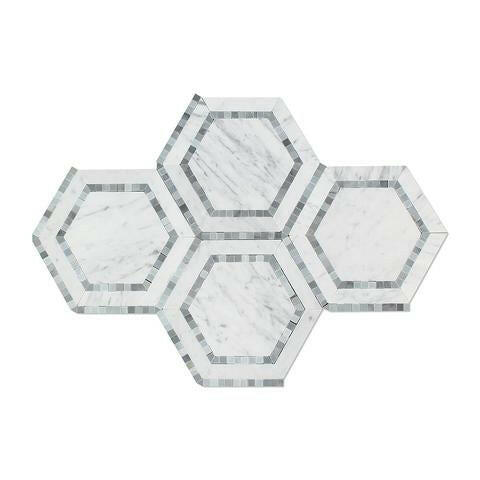 Carrara White Marble Honed 5" Hexagon Combination MosaicTile w / Blue-Gray-Marble Mosaic-American Tile Depot