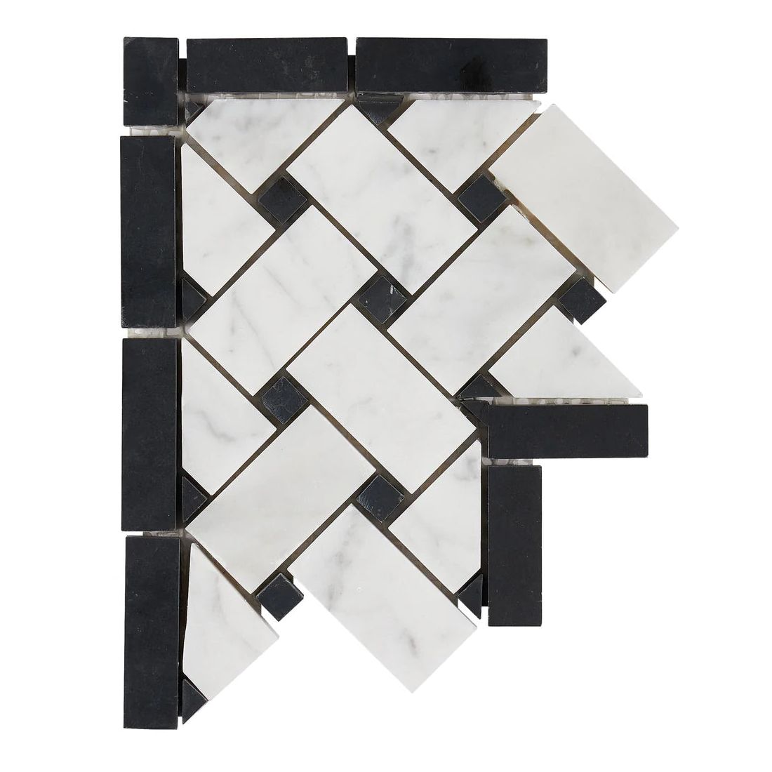 Carrara White Marble Honed Basketweave Border Corner w / Black Dots-Marble Border-American Tile Depot