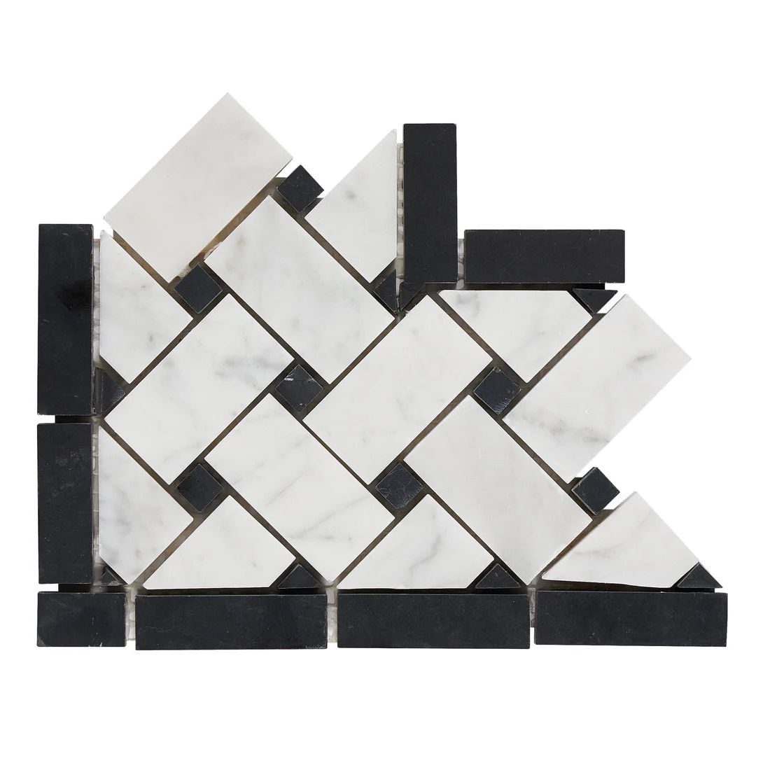 Carrara White Marble Honed Basketweave Border Corner w / Black Dots-Marble Border-American Tile Depot