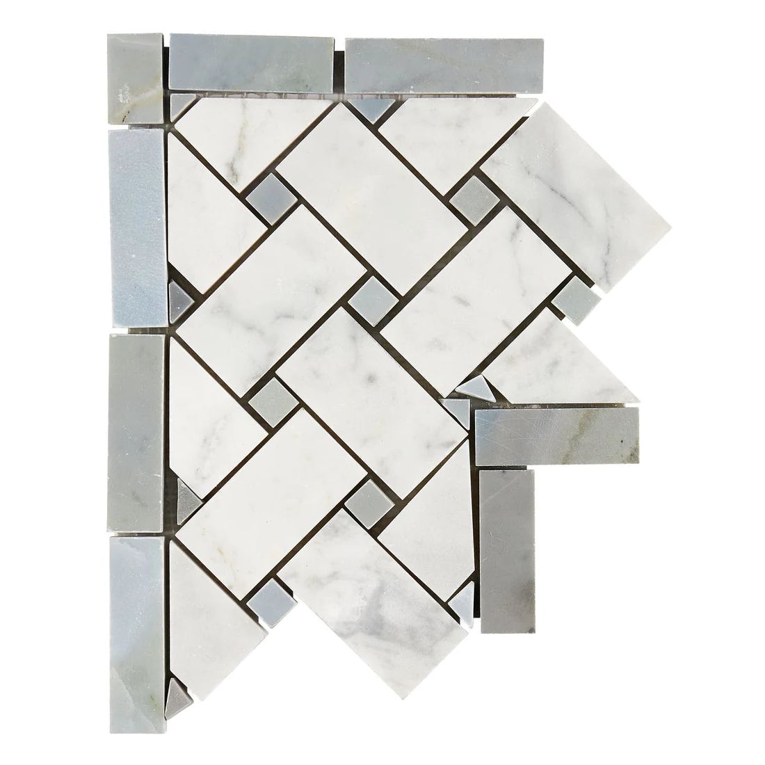 Carrara White Marble Honed Basketweave Border Corner w / Blue-Gray Dots-Marble Border-American Tile Depot