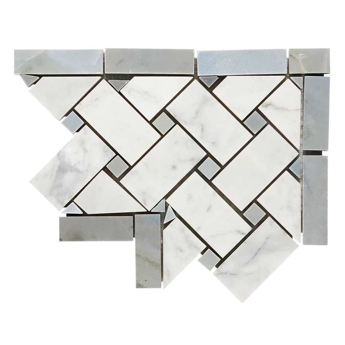 Carrara White Marble Honed Basketweave Border Corner w / Blue-Gray Dots-Marble Border-American Tile Depot