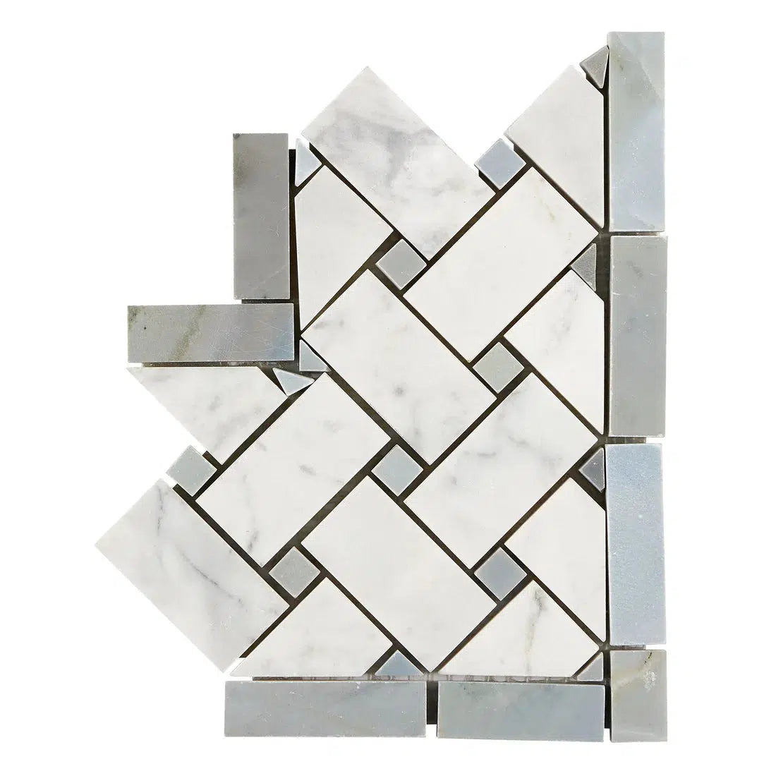 Carrara White Marble Honed Basketweave Border Corner w / Blue-Gray Dots-Marble Border-American Tile Depot