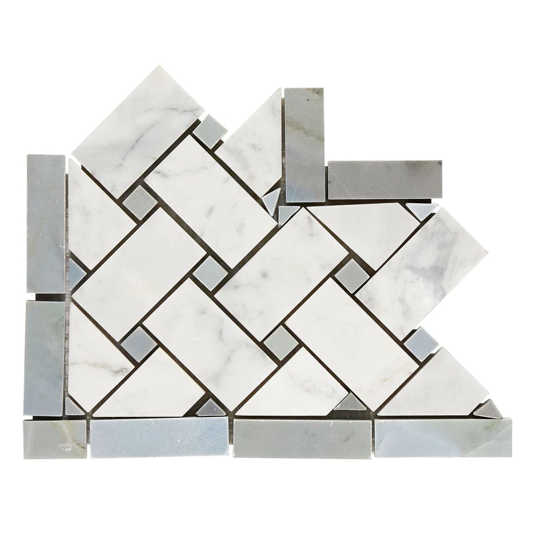 Carrara White Marble Honed Basketweave Border Corner w / Blue-Gray Dots-Marble Border-American Tile Depot