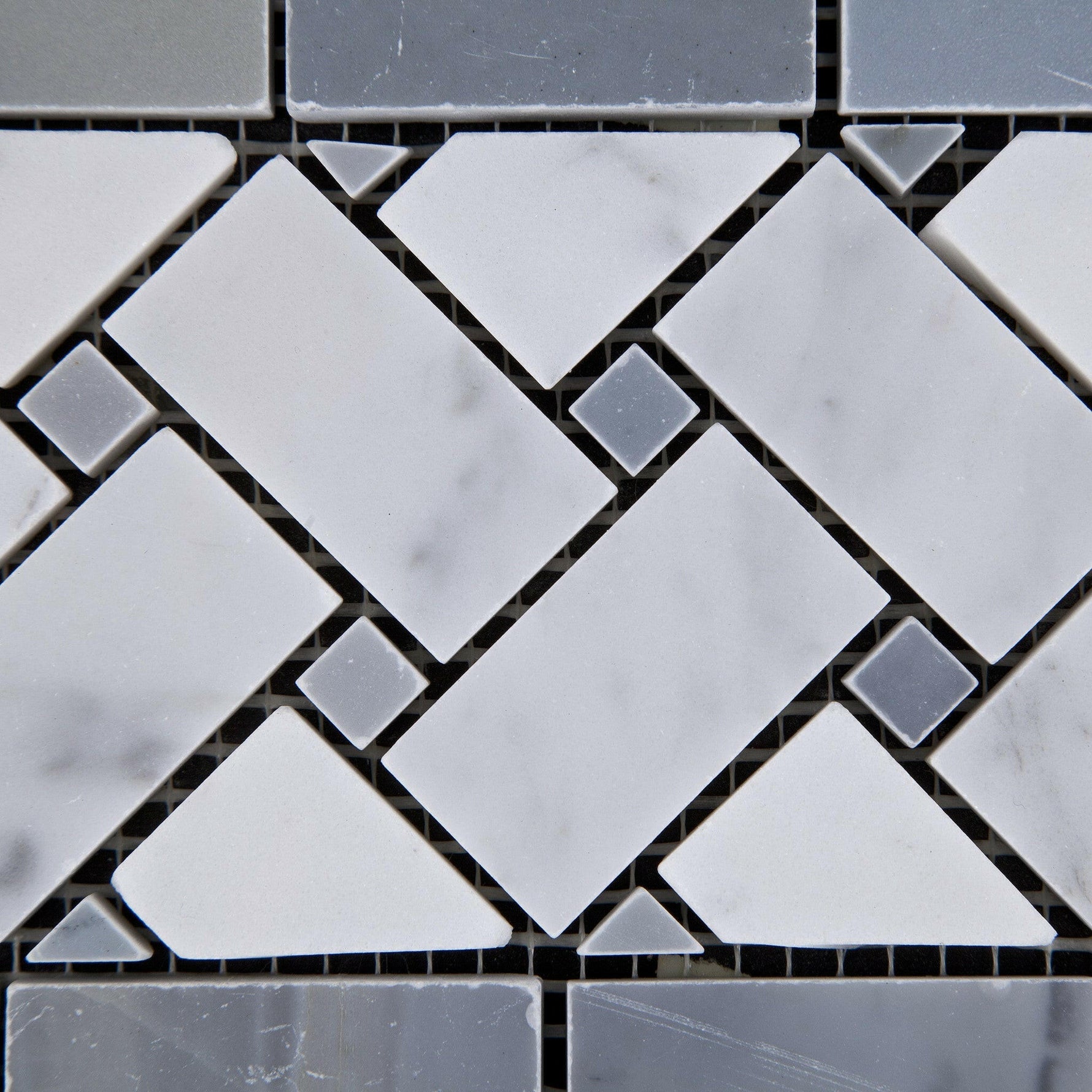 Carrara White Marble Honed Basketweave Border Listello w/ Blue-Gray Dots-Marble Border-American Tile Depot