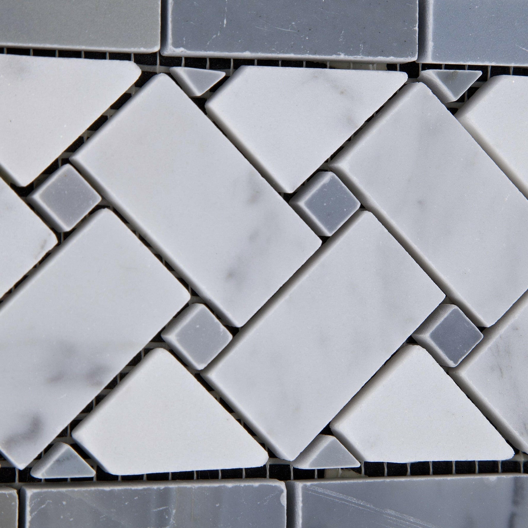 Carrara White Marble Honed Basketweave Border Listello w/ Blue-Gray Dots-Marble Border-American Tile Depot