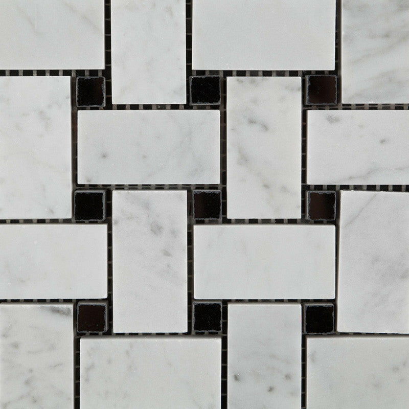 Carrara White Marble Honed Basketweave Mosaic Tile w/ Black Dots-Marble Mosaic-American Tile Depot