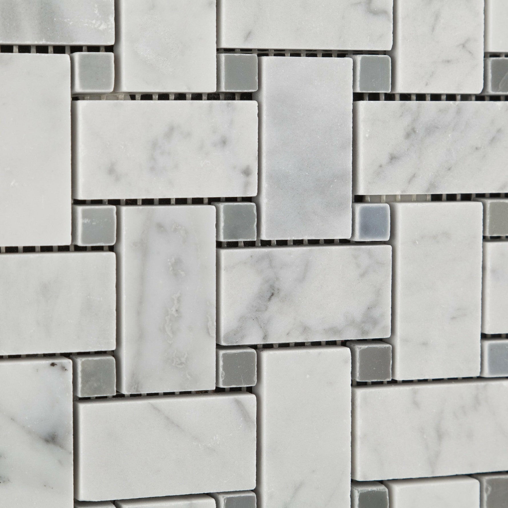 Carrara White Marble Honed Basketweave Mosaic Tile w/ Blue-Gray Dots-Marble Mosaic-American Tile Depot