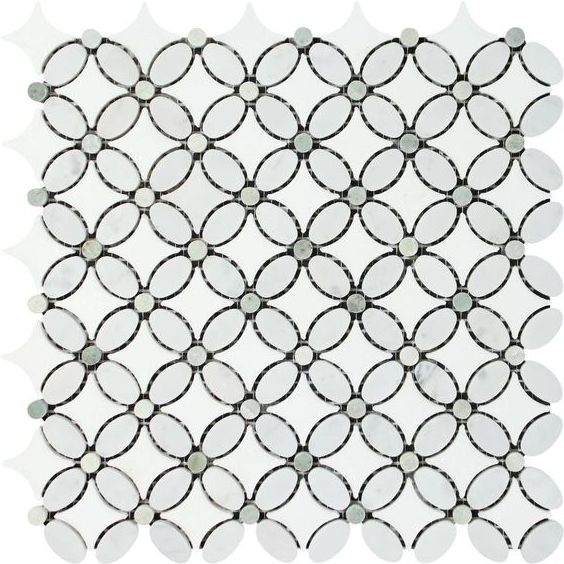 Carrara White Marble Honed Florida Flower Mosaic Tile w/ Ming Green Dots-Marble Mosaic-American Tile Depot