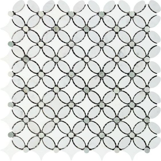 Carrara White Marble Honed Florida Flower Mosaic Tile w/ Ming Green Dots-Marble Mosaic-American Tile Depot