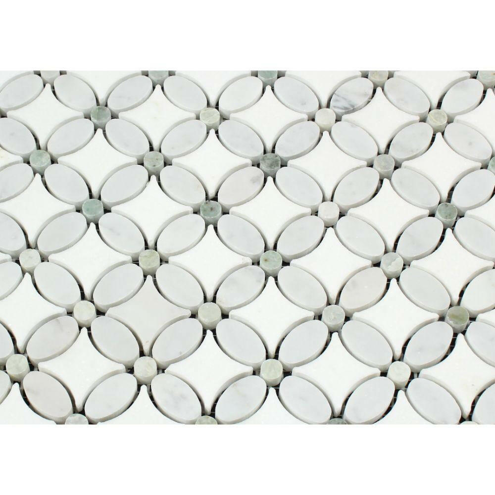 Carrara White Marble Honed Florida Flower Mosaic Tile w/ Ming Green Dots-Marble Mosaic-American Tile Depot