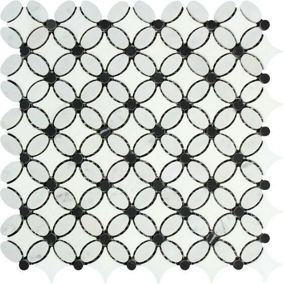 Carrara White Marble Honed Florida Flower Mosaic Tile w/Black Dots-Marble Mosaic-American Tile Depot