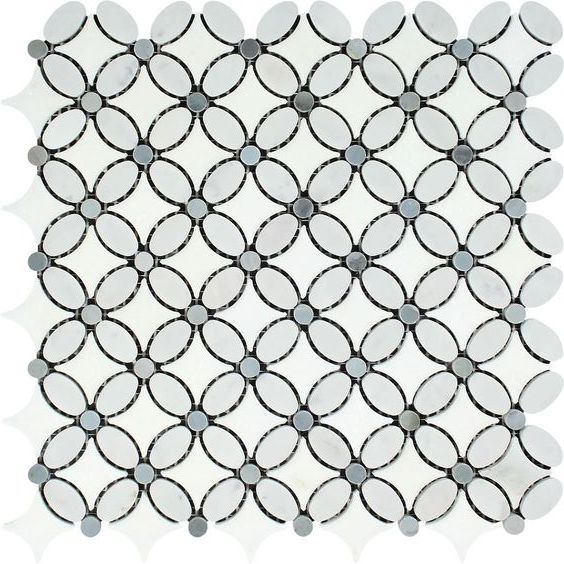 Carrara White Marble Honed Florida Flower Mosaic Tile w/Blue Gray Dots-Marble Mosaic-American Tile Depot