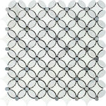 Carrara White Marble Honed Florida Flower Mosaic Tile w/Blue Gray Dots-Marble Mosaic-American Tile Depot