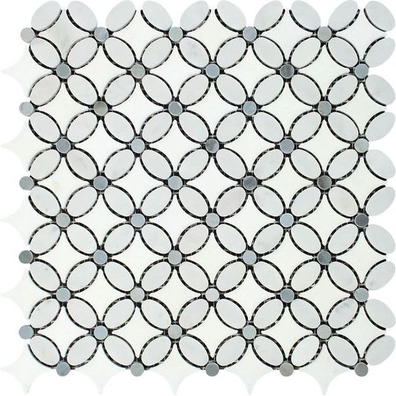 Carrara White Marble Honed Florida Flower Mosaic Tile w/Blue Gray Dots-Marble Mosaic-American Tile Depot